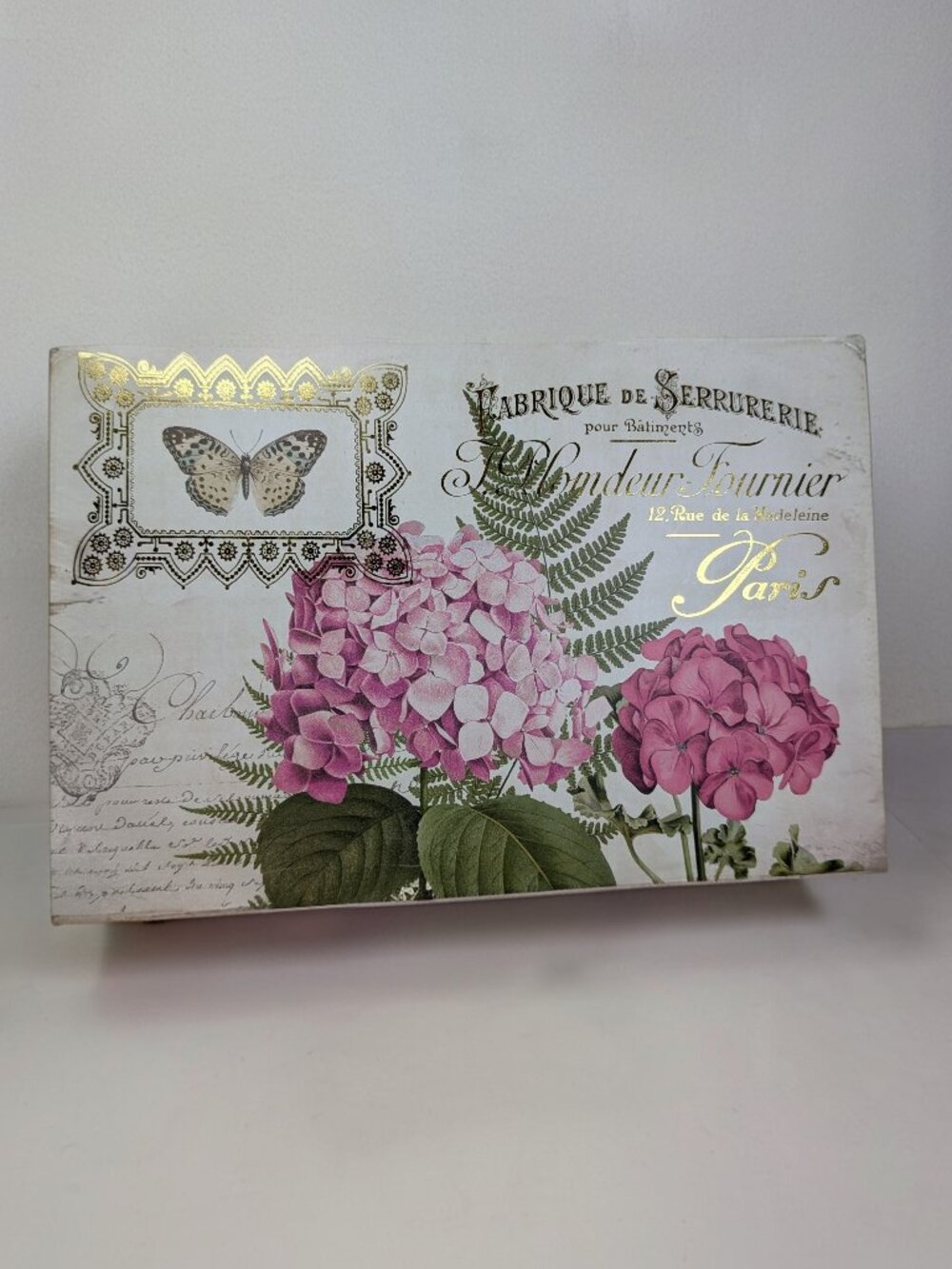Paris Locksmith Storage Box Pink Hydrangea Gold Metallic Floral Art Large